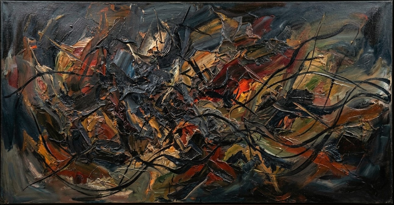Abyssal Resonance meteorite iron impasto painting, deep charcoal, landscape