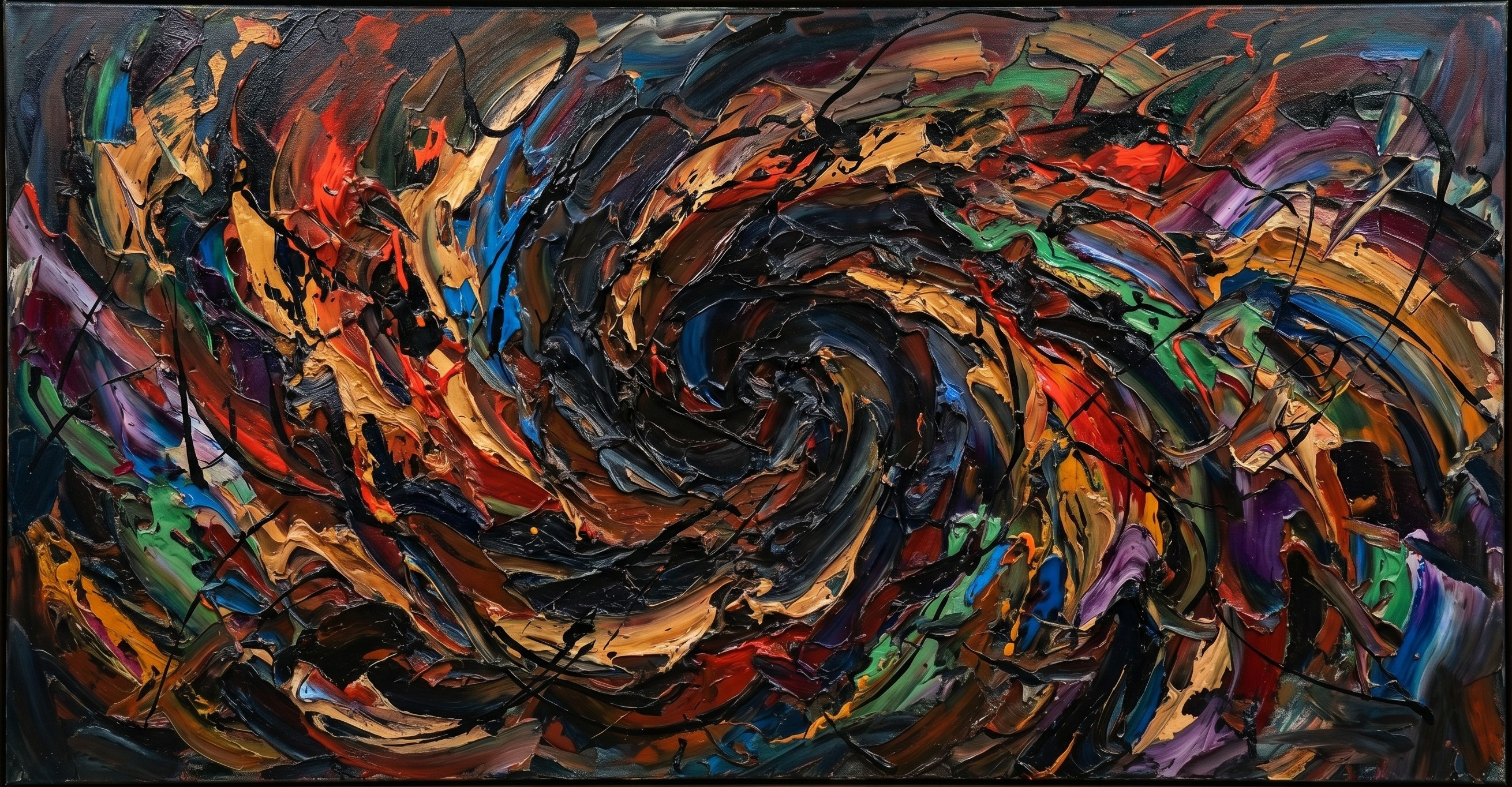 The Silent Gyre meteorite iron impasto painting, dark vortex texture, landscape